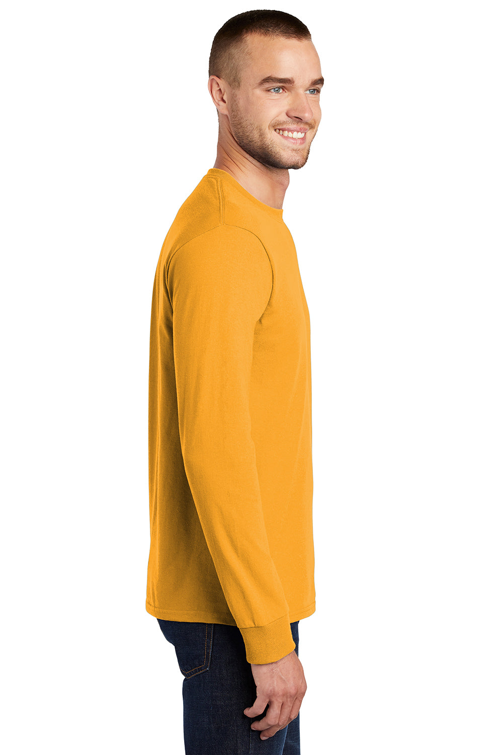 Port & Company PC61LS/PC61LST Mens Essential Long Sleeve Crewneck T-Shirt Gold Model Side