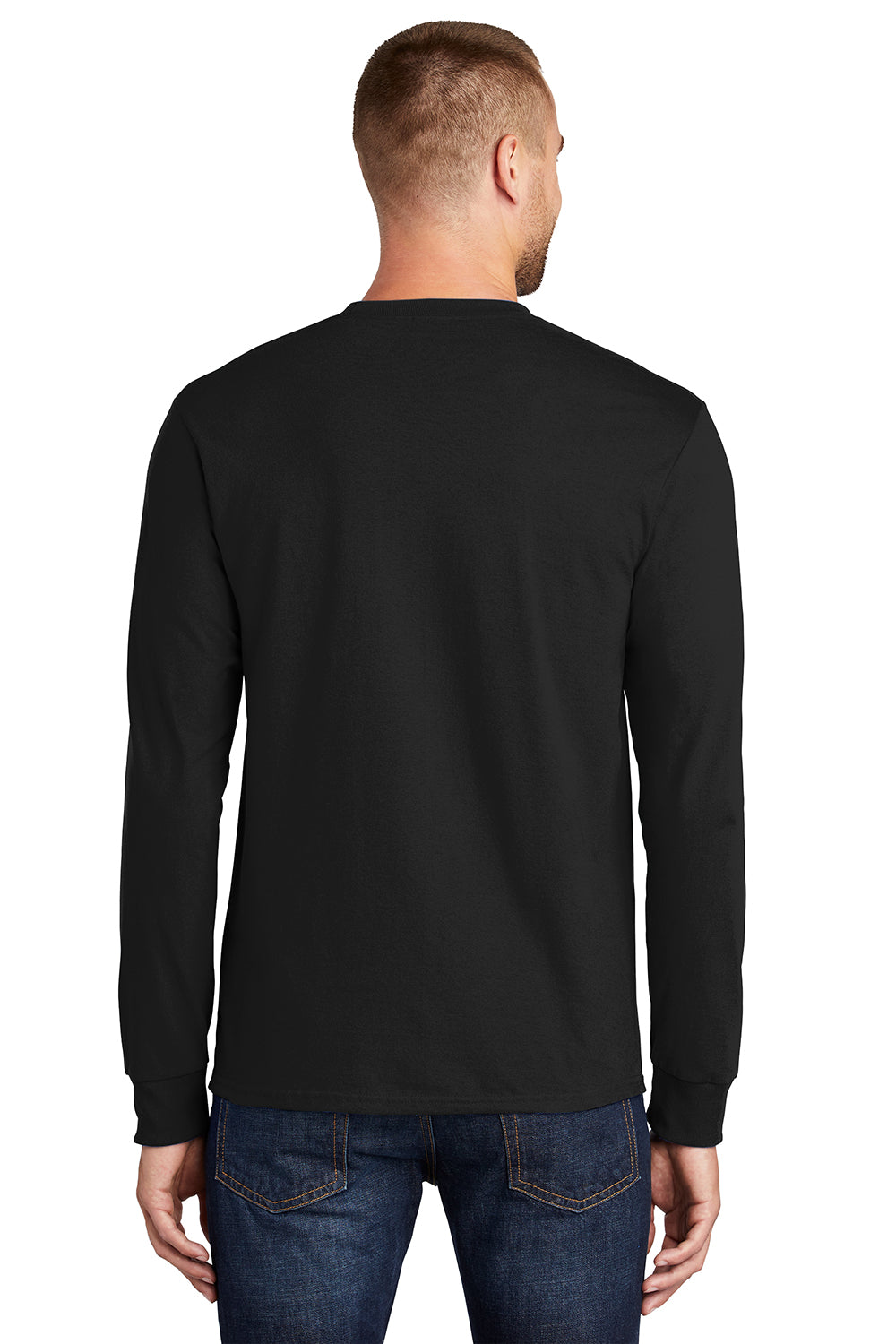 Port & Company PC61LS/PC61LST Mens Essential Long Sleeve Crewneck T-Shirt Jet Black Model Back