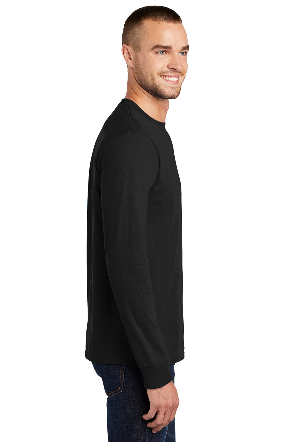 Port & Company PC61LS/PC61LST Mens Essential Long Sleeve Crewneck T-Shirt Jet Black Model Side