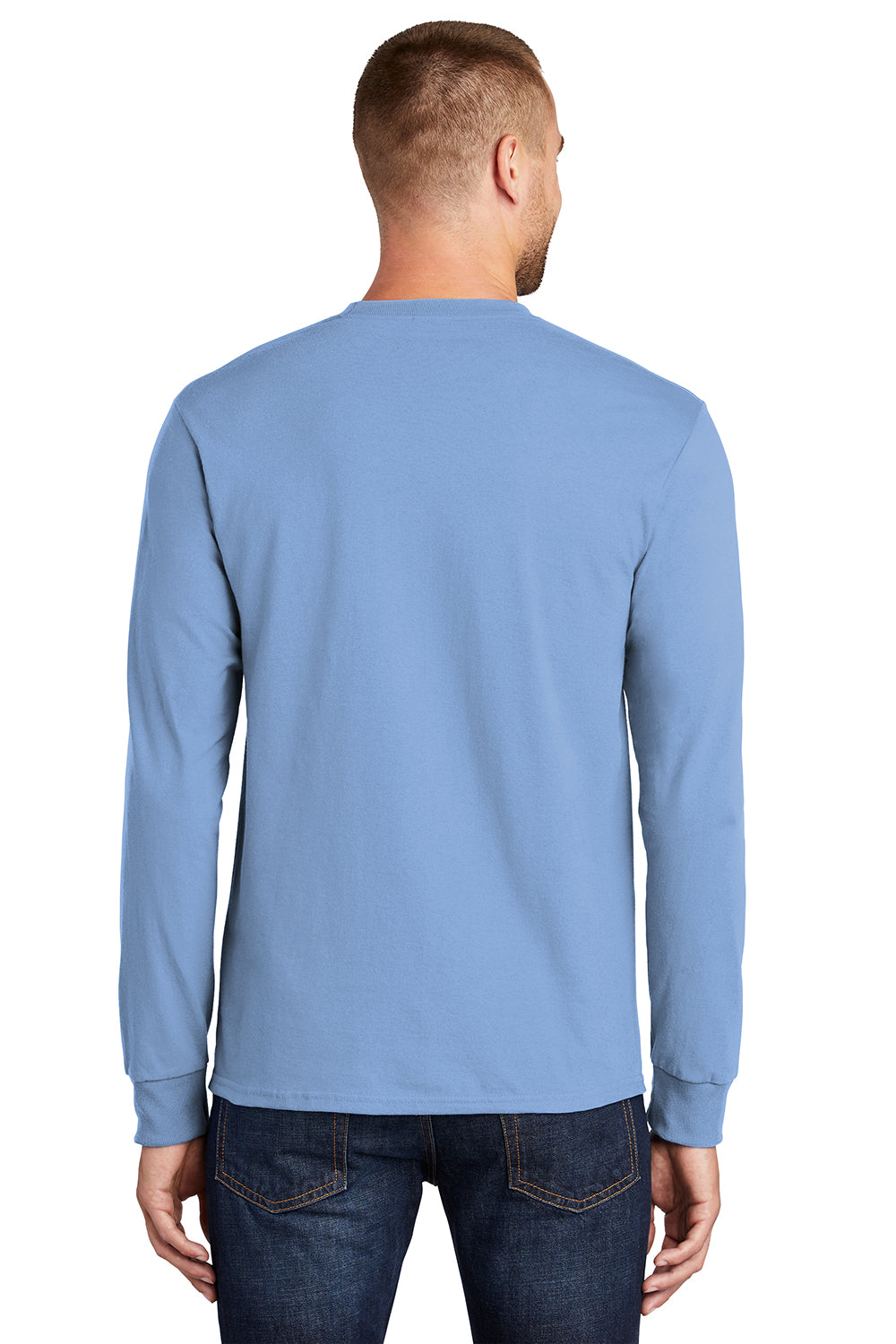 Port & Company PC61LS/PC61LST Mens Essential Long Sleeve Crewneck T-Shirt Light Blue Model Back