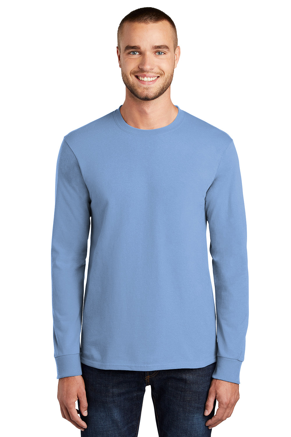 Port & Company PC61LS/PC61LST Mens Essential Long Sleeve Crewneck T-Shirt Light Blue Model Front