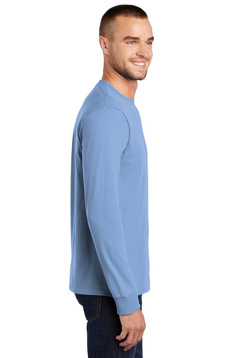 Port & Company PC61LS/PC61LST Mens Essential Long Sleeve Crewneck T-Shirt Light Blue Model Side