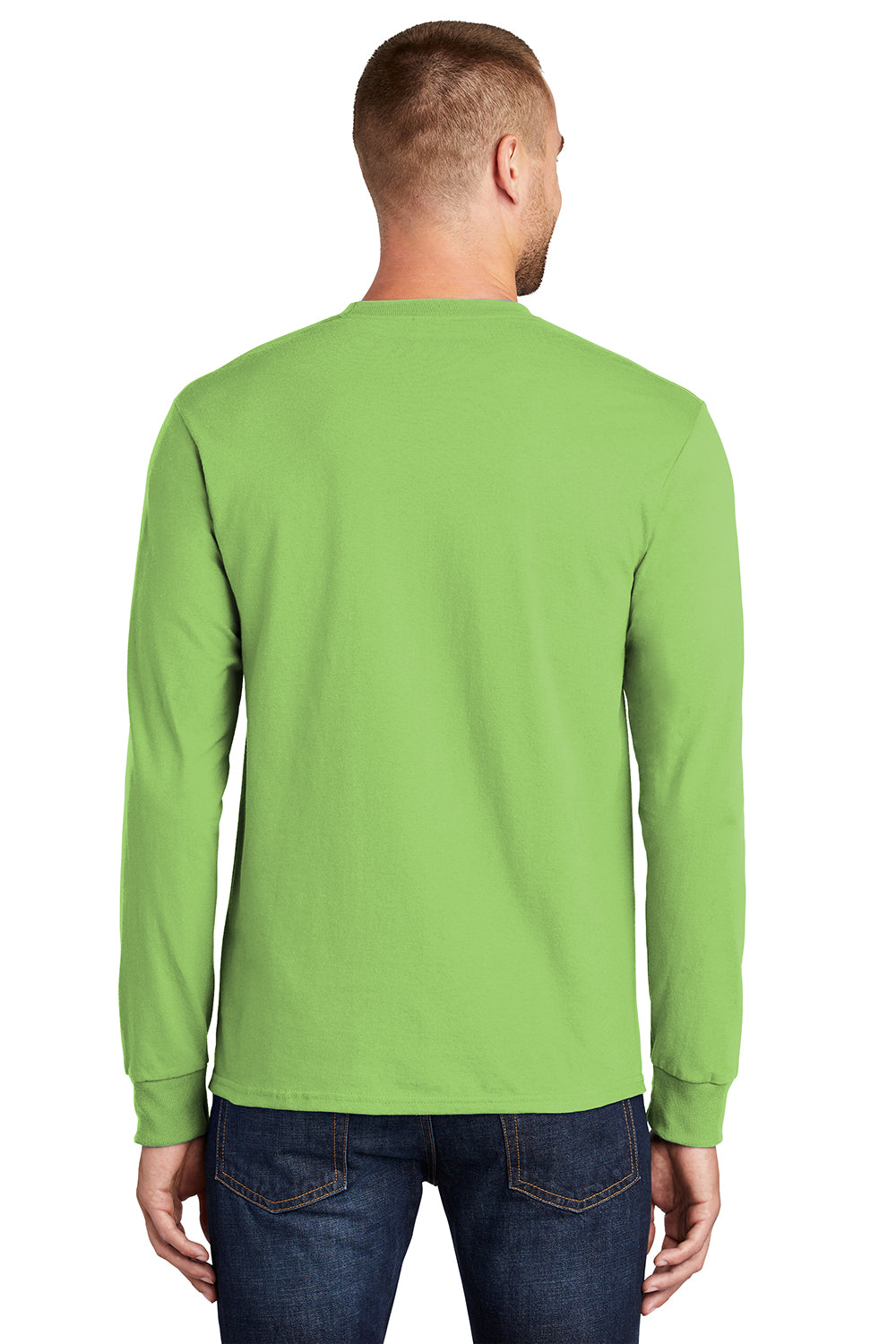 Port & Company PC61LS/PC61LST Mens Essential Long Sleeve Crewneck T-Shirt Lime Green Model Back