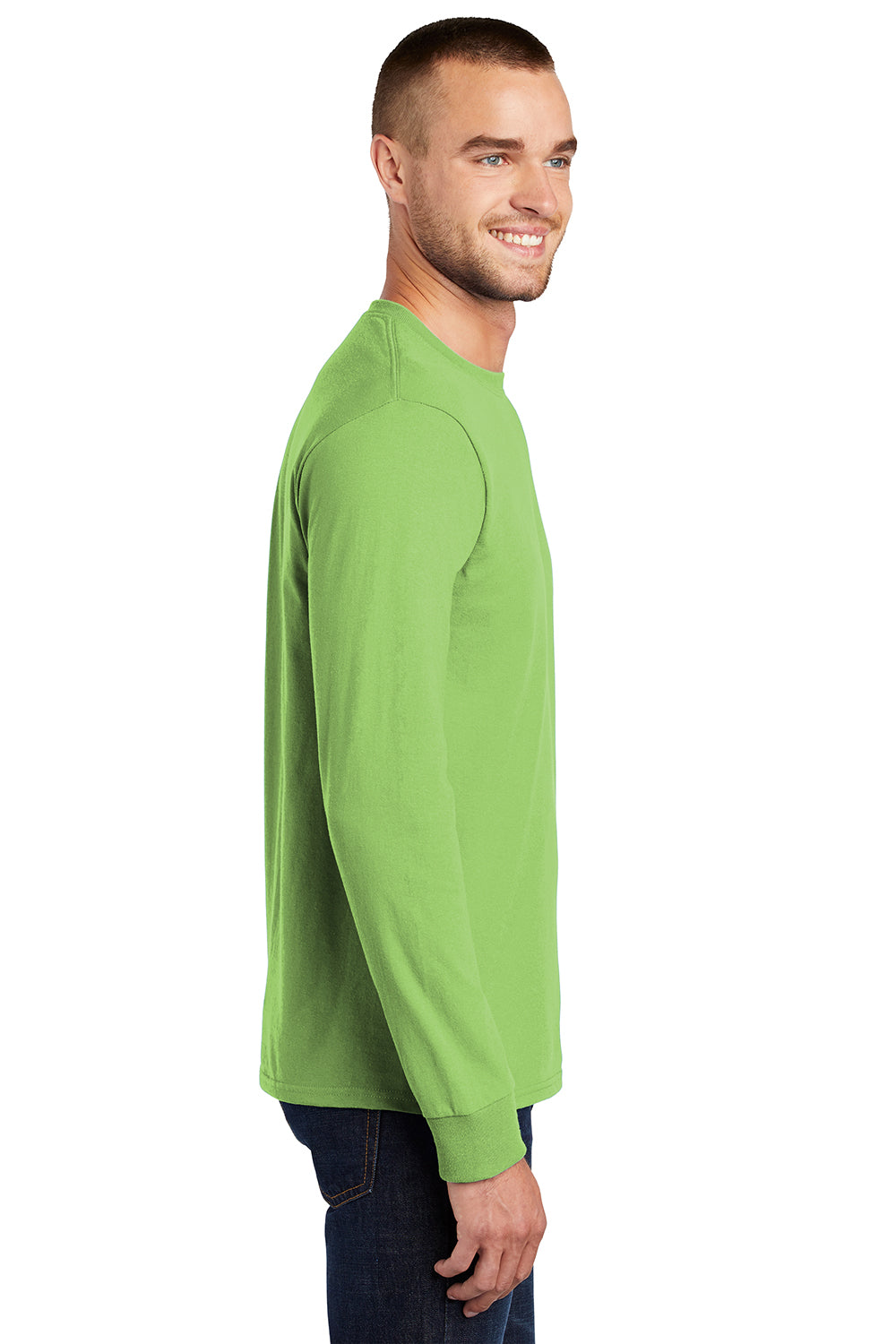 Port & Company PC61LS/PC61LST Mens Essential Long Sleeve Crewneck T-Shirt Lime Green Model Side