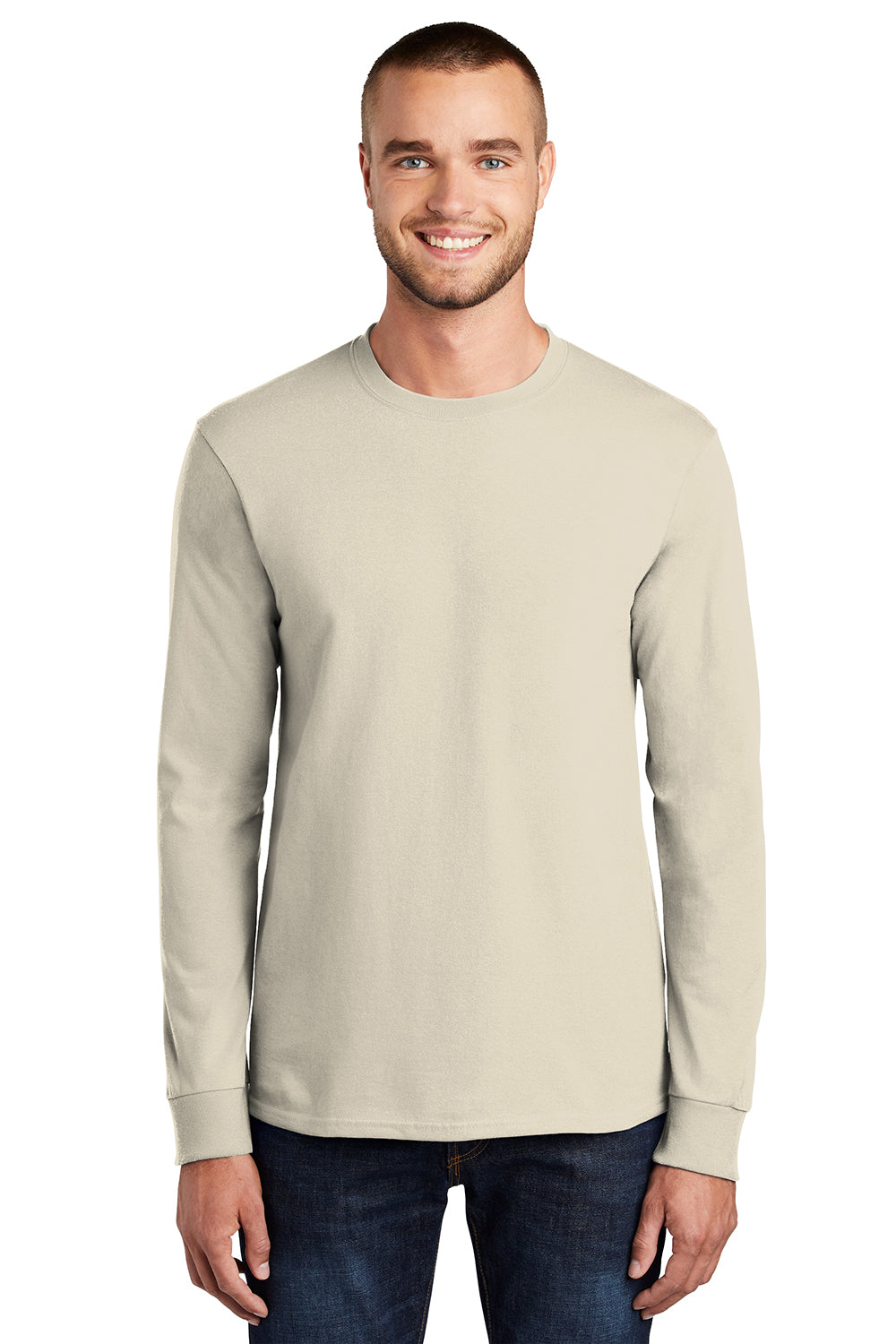 Port & Company PC61LS/PC61LST Mens Essential Long Sleeve Crewneck T-Shirt Natural Model Front