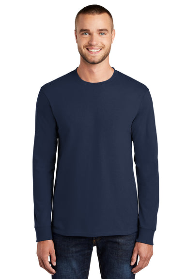 Port & Company PC61LS/PC61LST Mens Essential Long Sleeve Crewneck T-Shirt Navy Blue Model Front