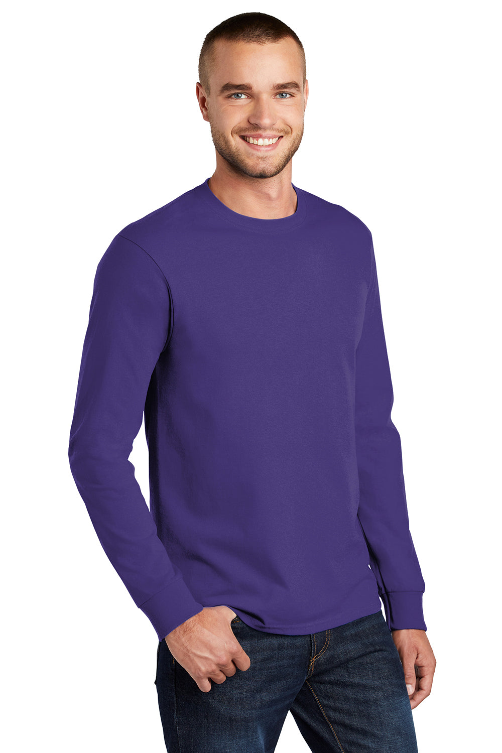 Port & Company PC61LS/PC61LST Mens Essential Long Sleeve Crewneck T-Shirt Purple Model 3q