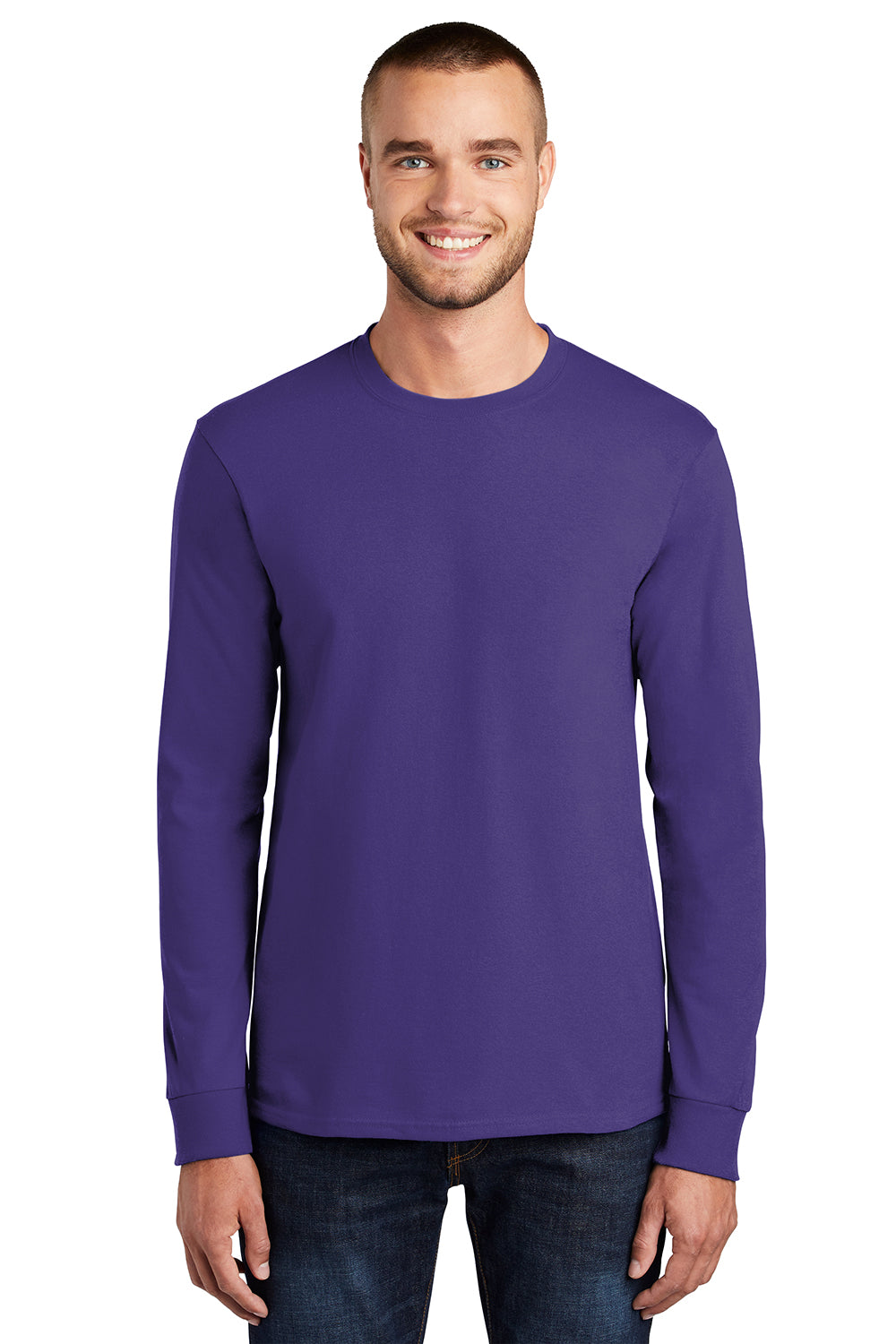 Port & Company PC61LS/PC61LST Mens Essential Long Sleeve Crewneck T-Shirt Purple Model Front