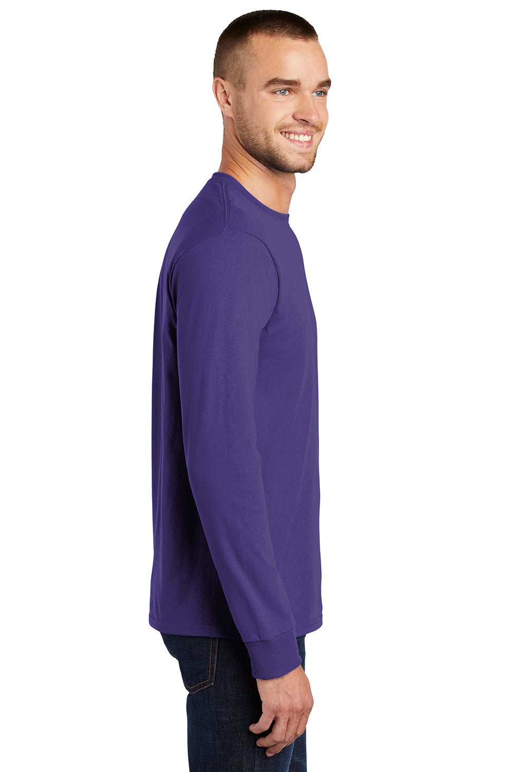 Port & Company PC61LS/PC61LST Mens Essential Long Sleeve Crewneck T-Shirt Purple Model Side