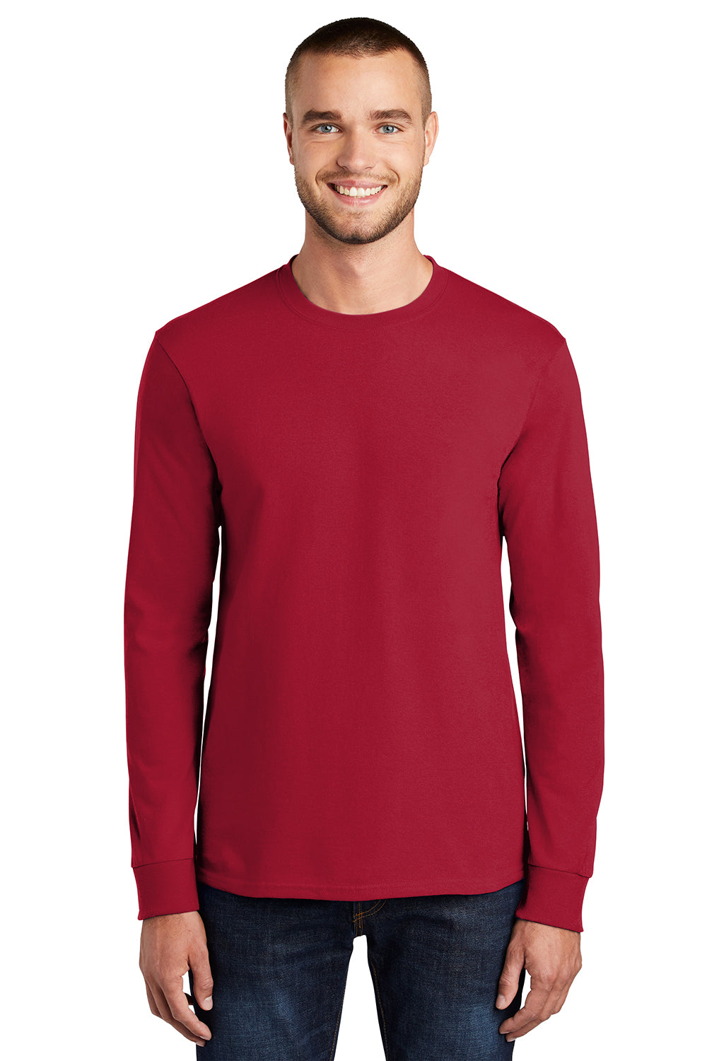 Port & Company PC61LS/PC61LST Mens Essential Long Sleeve Crewneck T-Shirt Red Model Front