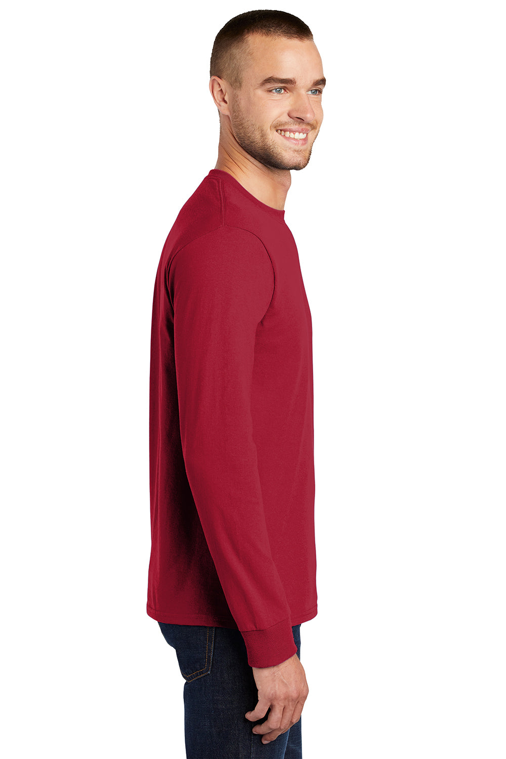 Port & Company PC61LS/PC61LST Mens Essential Long Sleeve Crewneck T-Shirt Red Model Side