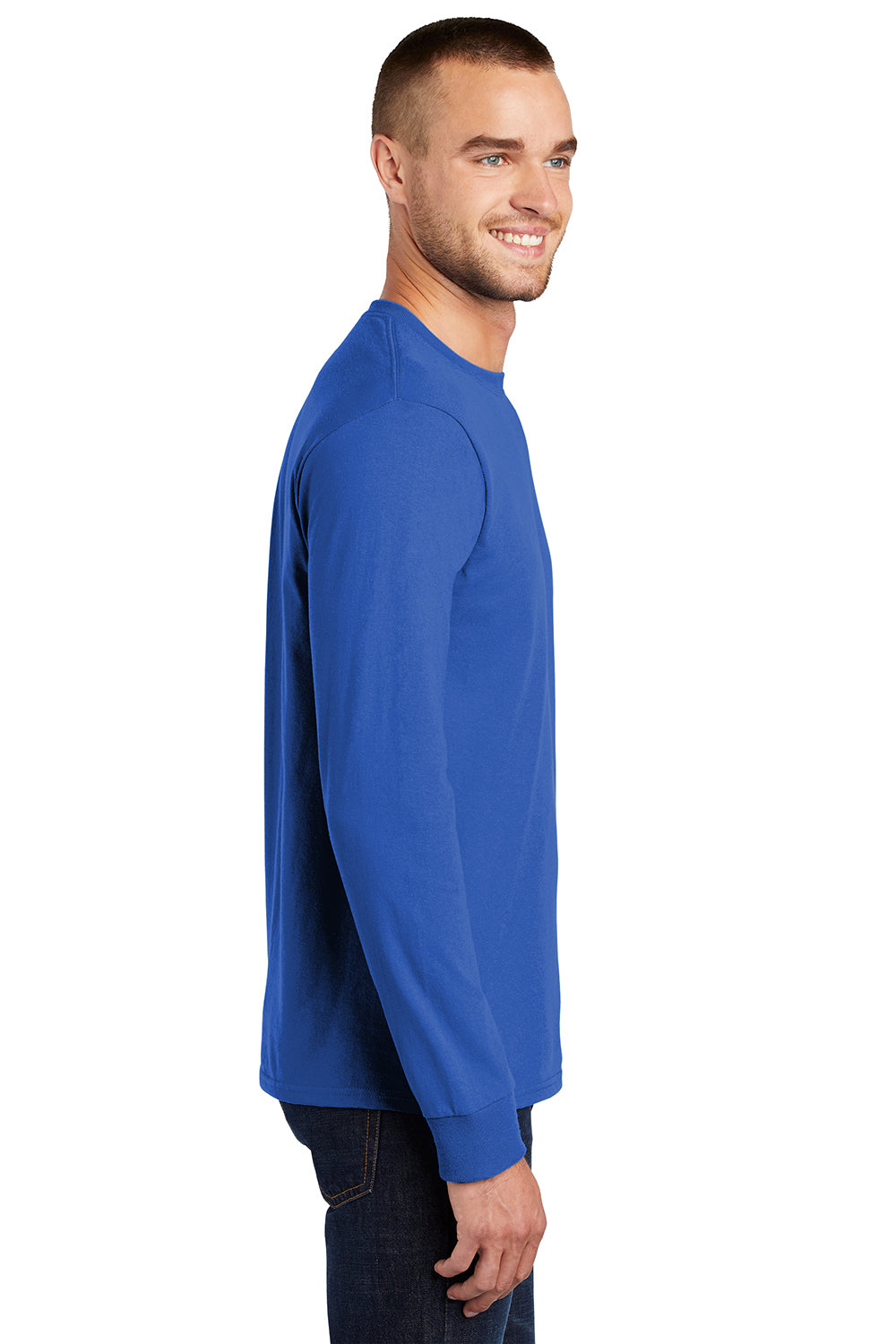 Port & Company PC61LS/PC61LST Mens Essential Long Sleeve Crewneck T-Shirt Royal Blue Model Side