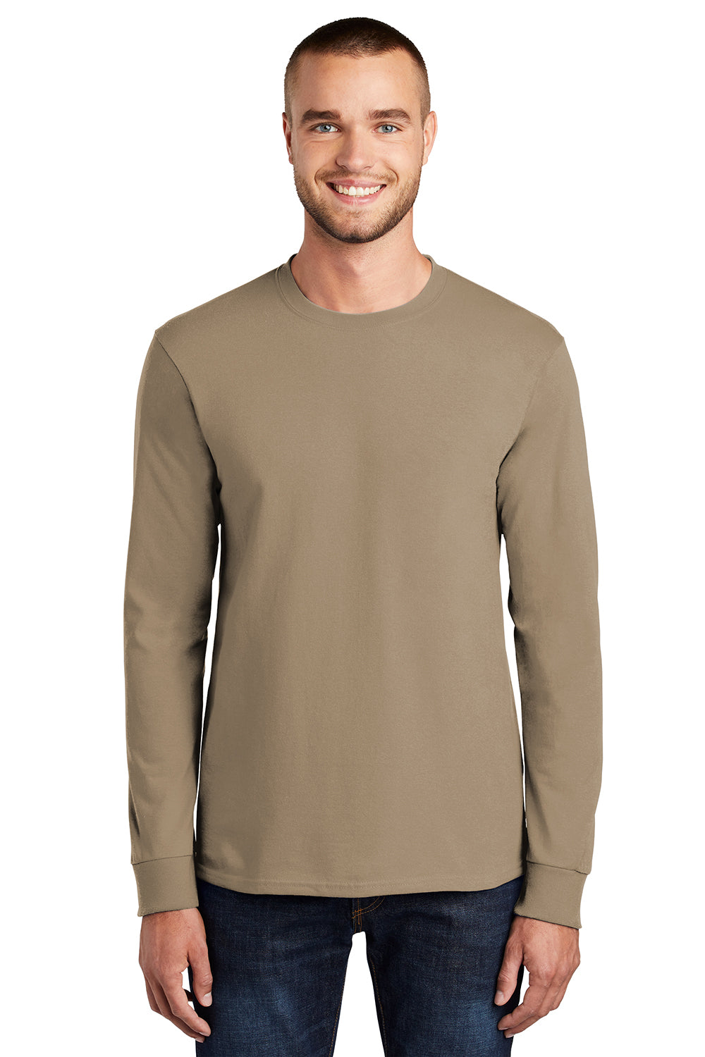 Port & Company PC61LS/PC61LST Mens Essential Long Sleeve Crewneck T-Shirt Sand Model Front