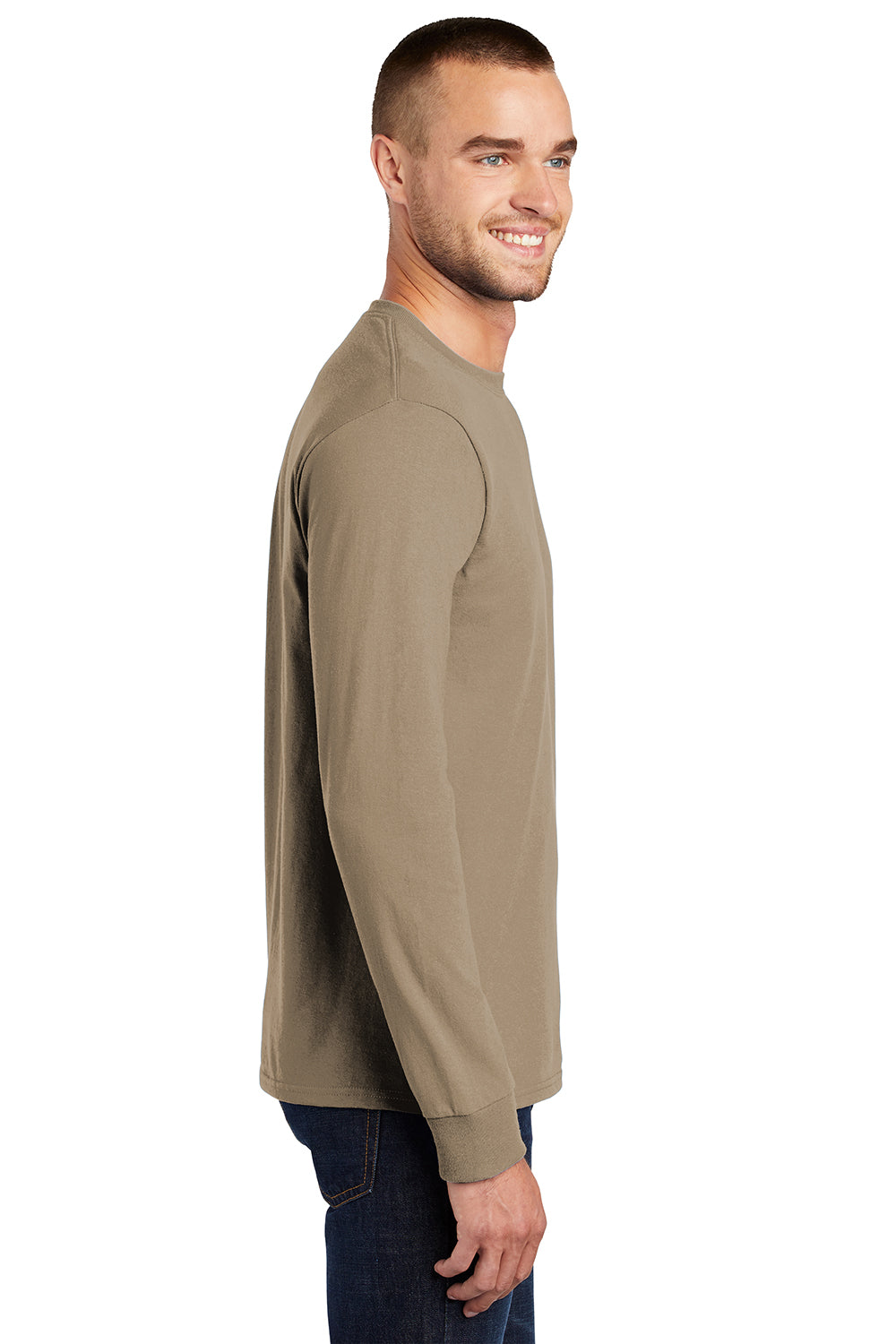 Port & Company PC61LS/PC61LST Mens Essential Long Sleeve Crewneck T-Shirt Sand Model Side