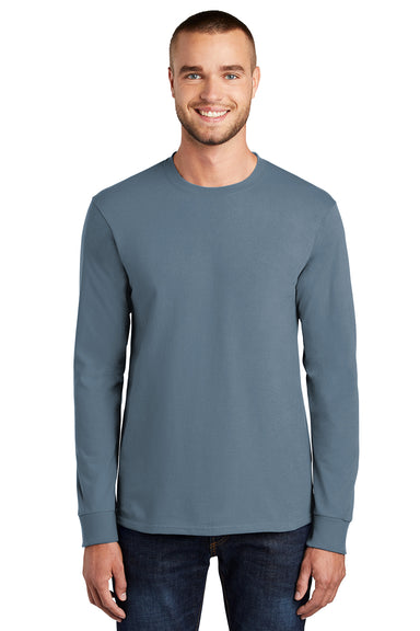 Port & Company PC61LS/PC61LST Mens Essential Long Sleeve Crewneck T-Shirt Stonewashed Blue Model Front