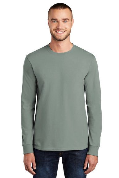 Port & Company PC61LS/PC61LST Mens Essential Long Sleeve Crewneck T-Shirt Stonewashed Green Model Front