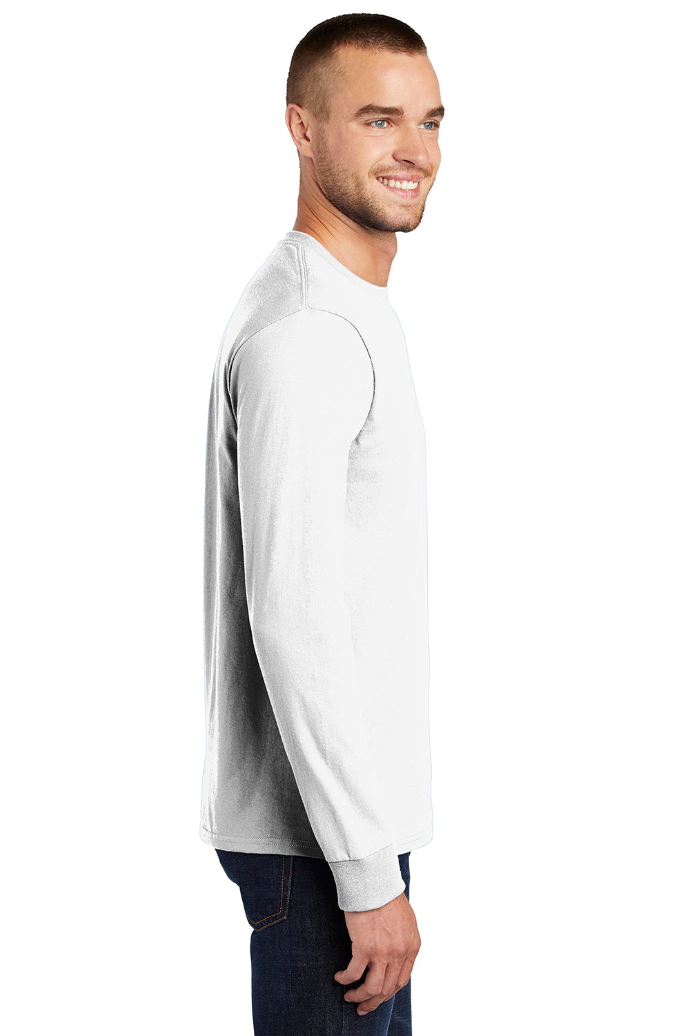 Port & Company PC61LS/PC61LST Mens Essential Long Sleeve Crewneck T-Shirt White Model Side