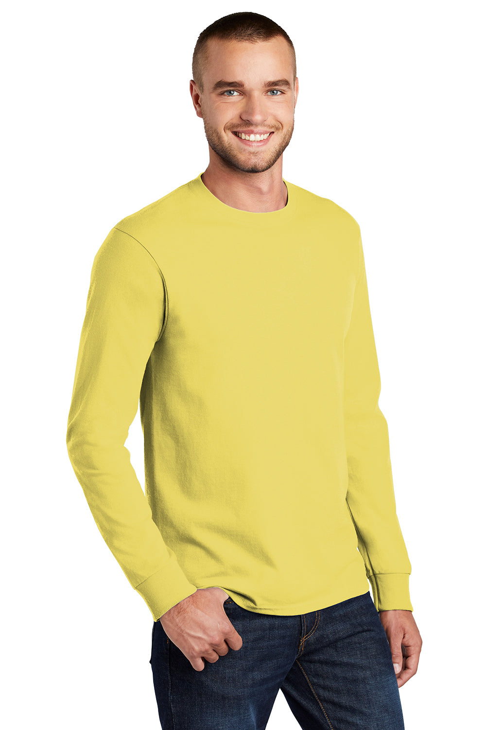 Port & Company PC61LS/PC61LST Mens Essential Long Sleeve Crewneck T-Shirt Yellow Model 3q