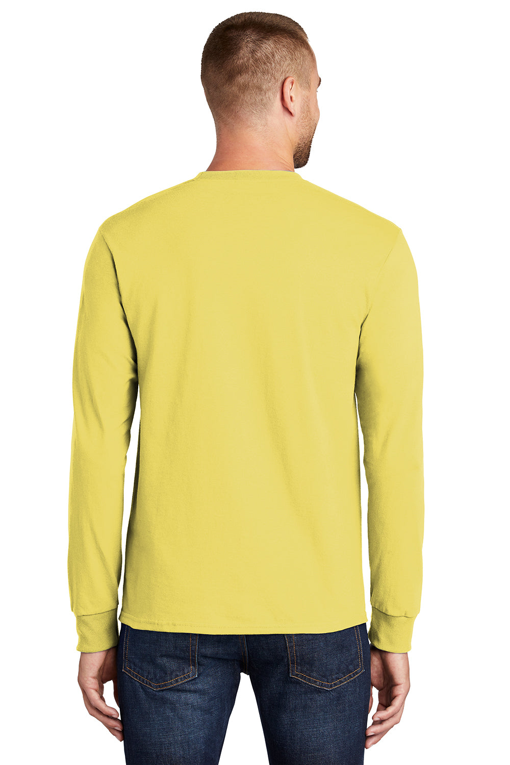 Port & Company PC61LS/PC61LST Mens Essential Long Sleeve Crewneck T-Shirt Yellow Model Back