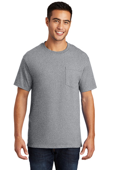 Port & Company PC61P/PC61PT Mens Essential Short Sleeve Crewneck T-Shirt w/ Pocket Heather Grey Model Front