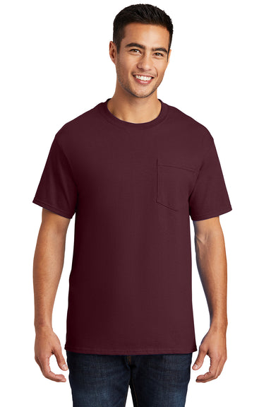 Port & Company PC61P/PC61PT Mens Essential Short Sleeve Crewneck T-Shirt w/ Pocket Athletic Maroon Model Front