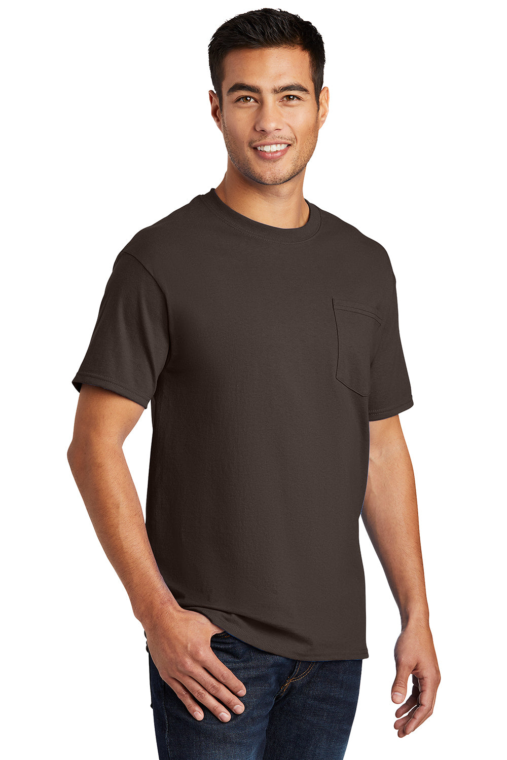 Port & Company PC61P/PC61PT Mens Essential Short Sleeve Crewneck T-Shirt w/ Pocket Brown Model 3q