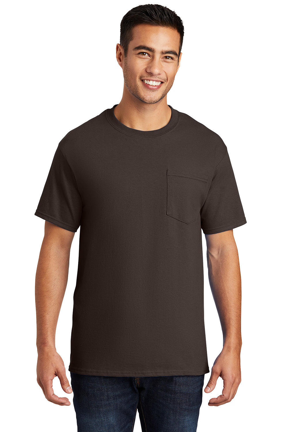 Port & Company PC61P/PC61PT Mens Essential Short Sleeve Crewneck T-Shirt w/ Pocket Brown Model Front