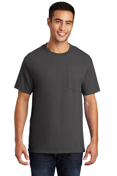 Port & Company PC61P/PC61PT Mens Essential Short Sleeve Crewneck T-Shirt w/ Pocket Charcoal Grey Model Front