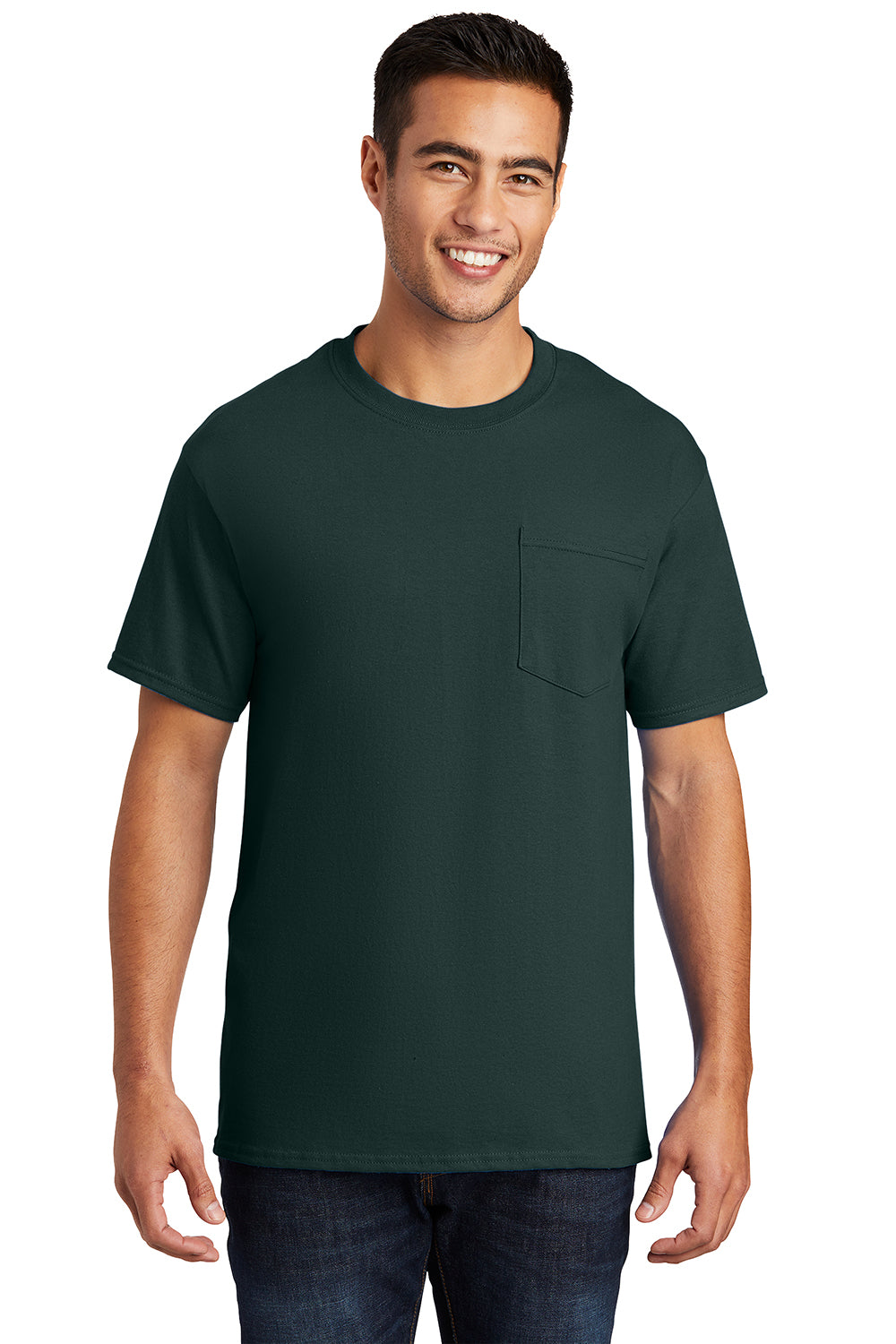 Port & Company PC61P/PC61PT Mens Essential Short Sleeve Crewneck T-Shirt w/ Pocket Dark Green Model Front