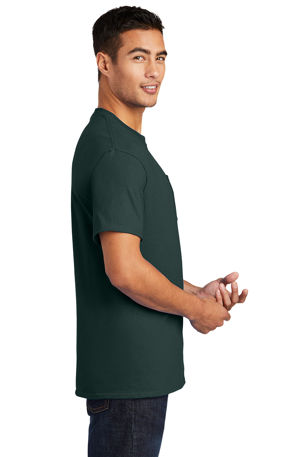 Port & Company PC61P/PC61PT Mens Essential Short Sleeve Crewneck T-Shirt w/ Pocket Dark Green Model Side