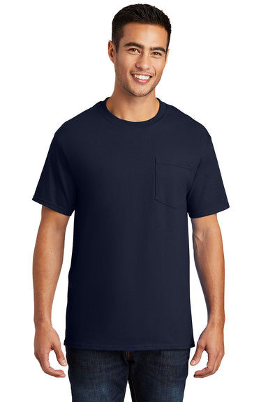 Port & Company PC61P/PC61PT Mens Essential Short Sleeve Crewneck T-Shirt w/ Pocket Deep Navy Blue Model Front