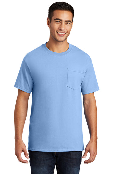 Port & Company PC61P/PC61PT Mens Essential Short Sleeve Crewneck T-Shirt w/ Pocket Light Blue Model Front