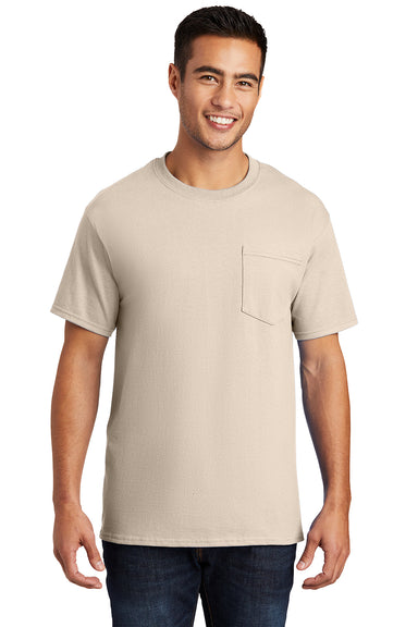 Port & Company PC61P/PC61PT Mens Essential Short Sleeve Crewneck T-Shirt w/ Pocket Natural Model Front