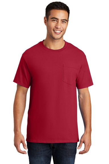 Port & Company PC61P/PC61PT Mens Essential Short Sleeve Crewneck T-Shirt w/ Pocket Red Model Front