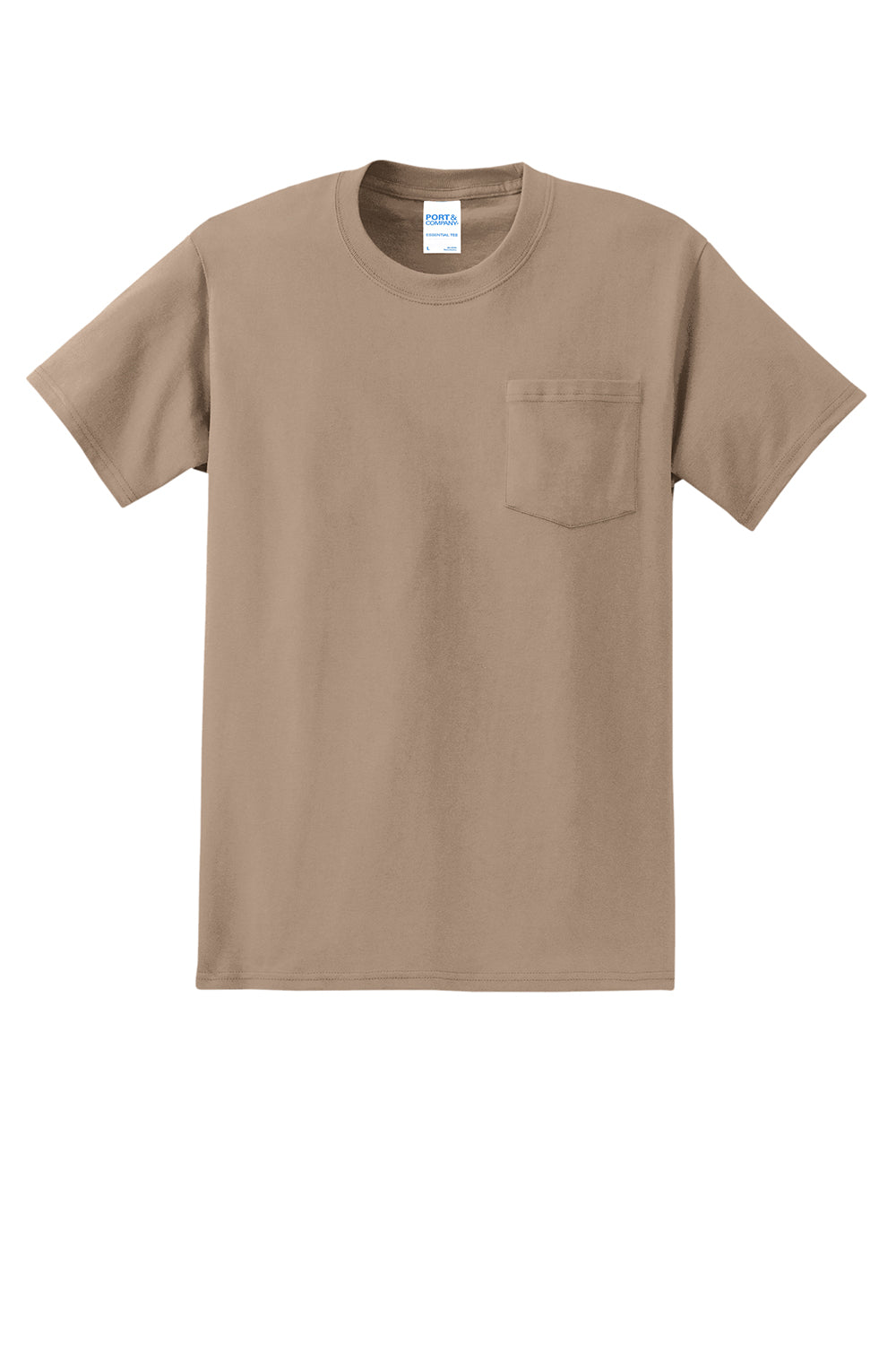 Port & Company PC61P/PC61PT Mens Essential Short Sleeve Crewneck T-Shirt w/ Pocket Sand Flat Front