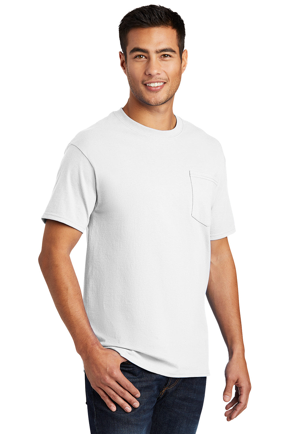 Port & Company PC61P/PC61PT Mens Essential Short Sleeve Crewneck T-Shirt w/ Pocket White Model 3q