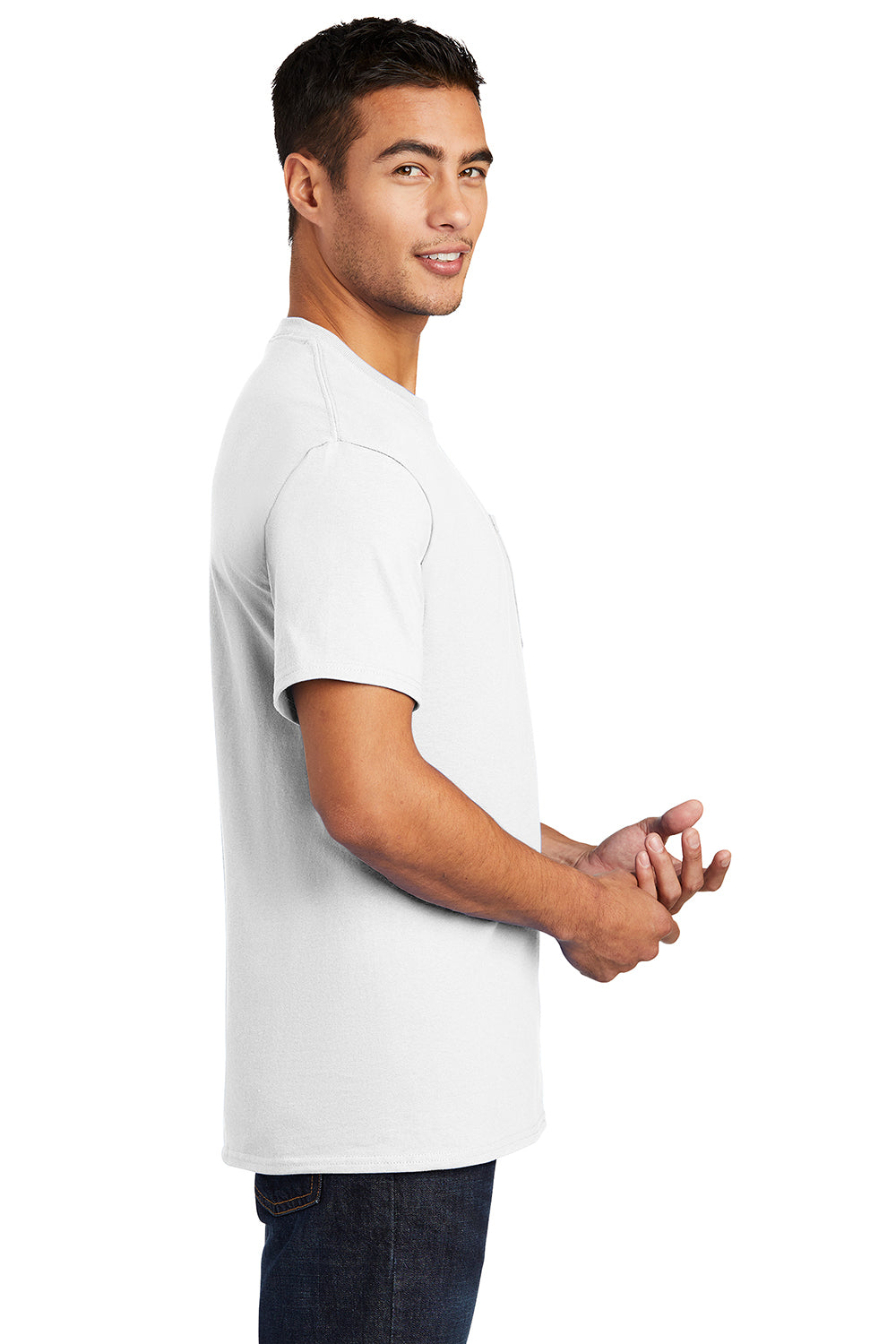 Port & Company PC61P/PC61PT Mens Essential Short Sleeve Crewneck T-Shirt w/ Pocket White Model Side