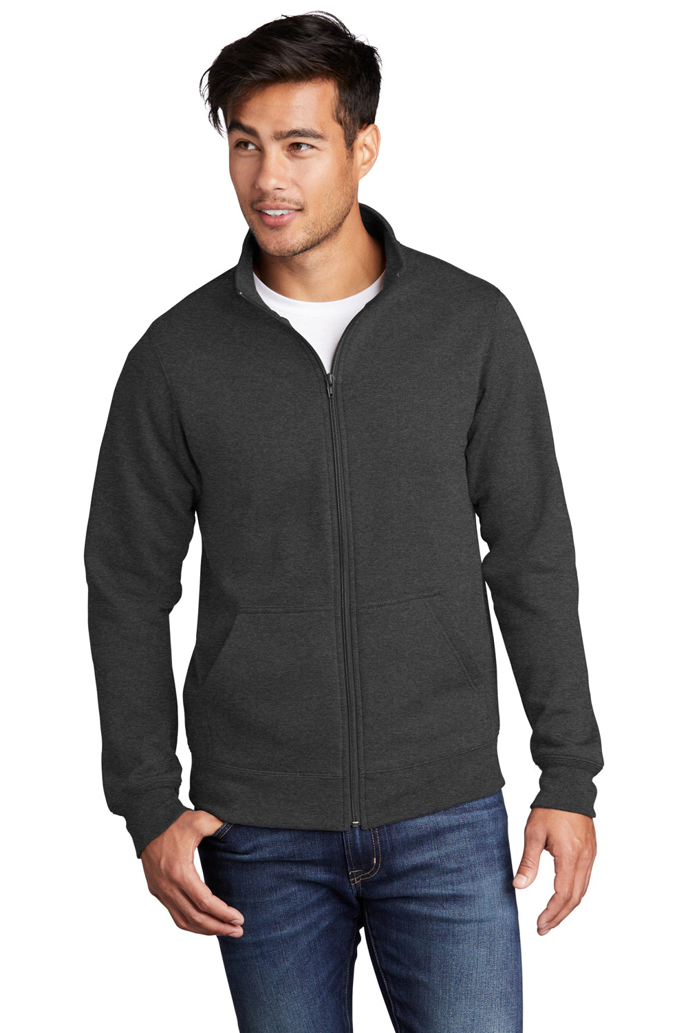 Port & Company PC78FZ Mens Core Fleece Full Zip Sweatshirt Heather Dark Grey Model Front