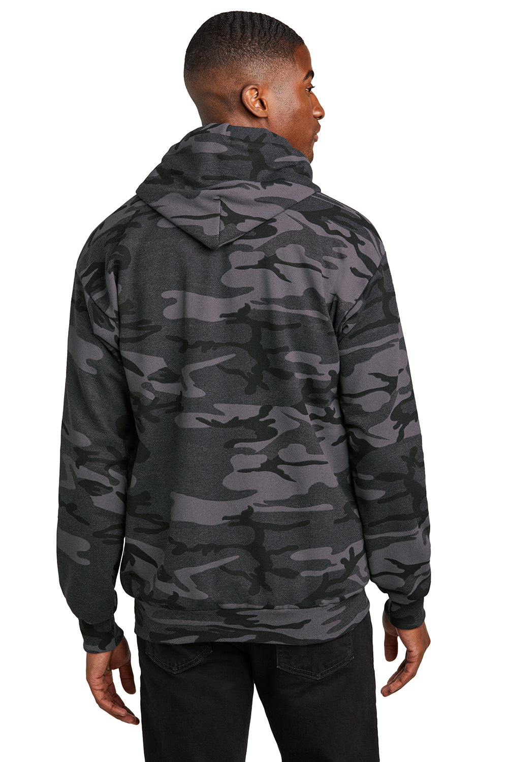 Port & Company PC78HC Mens Core Pill Resistant Fleece Hooded Sweatshirt Hoodie Heather Black Camo Model Back