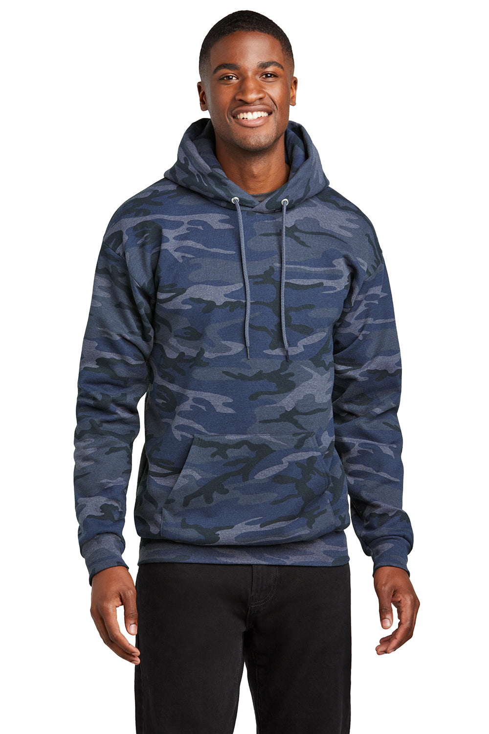 Port & Company PC78HC Mens Core Pill Resistant Fleece Hooded Sweatshirt Hoodie Heather Navy Blue Camo Model Front