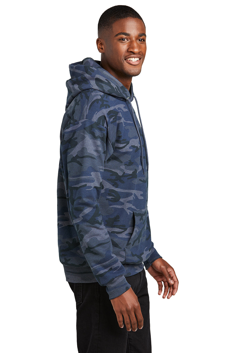 Port & Company PC78HC Mens Core Pill Resistant Fleece Hooded Sweatshirt Hoodie Heather Navy Blue Camo Model Side