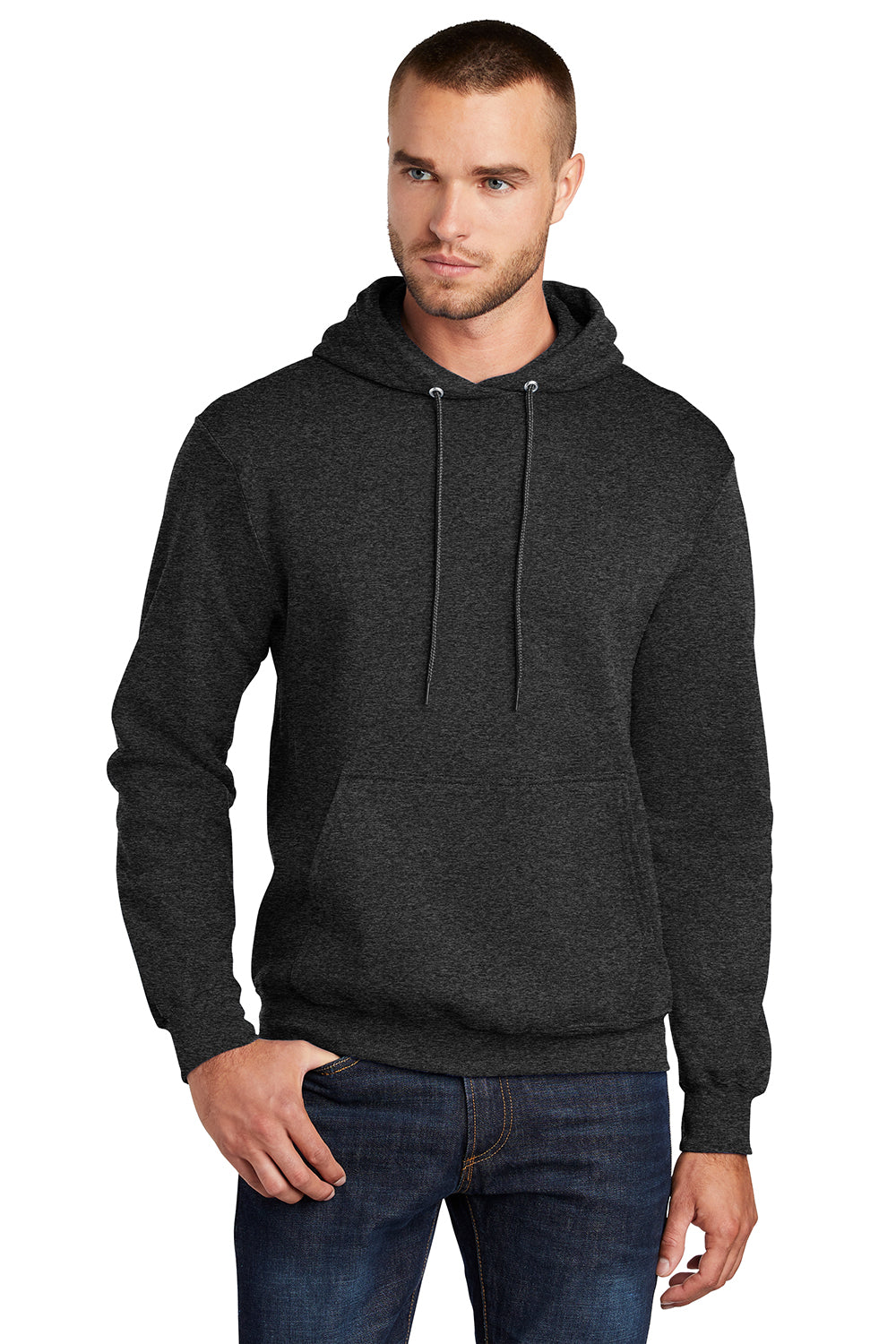 Port & Company PC78H/PC78HT Mens Core Pill Resistant Fleece Hooded Sweatshirt Hoodie Heather Black Model Front