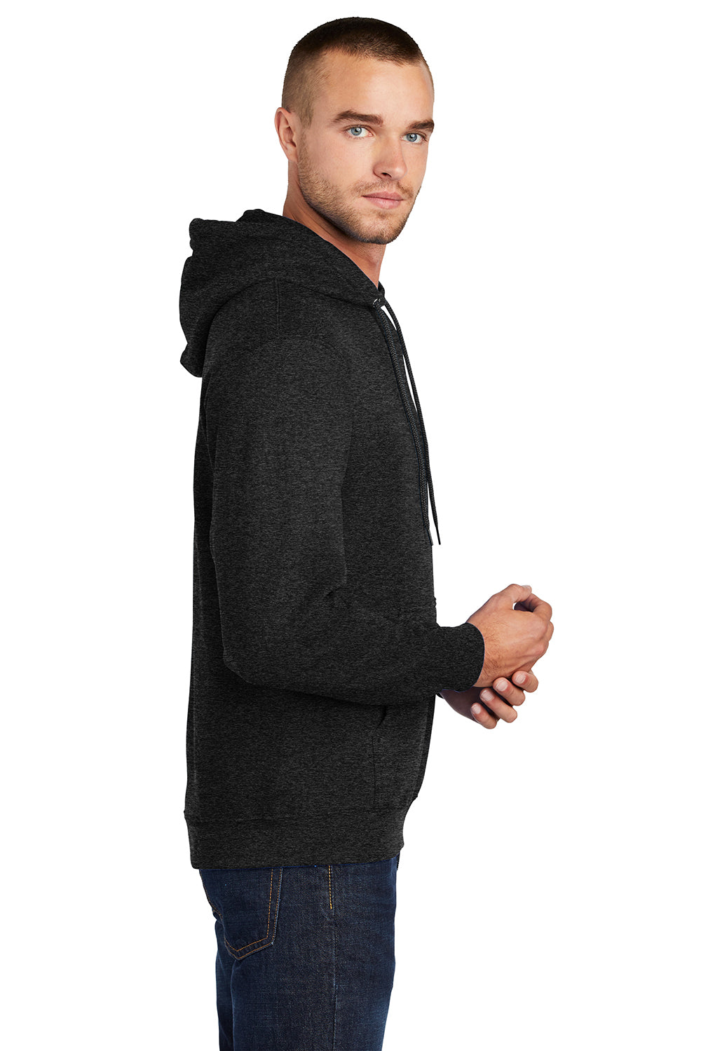 Port & Company PC78H/PC78HT Mens Core Pill Resistant Fleece Hooded Sweatshirt Hoodie Heather Black Model Side