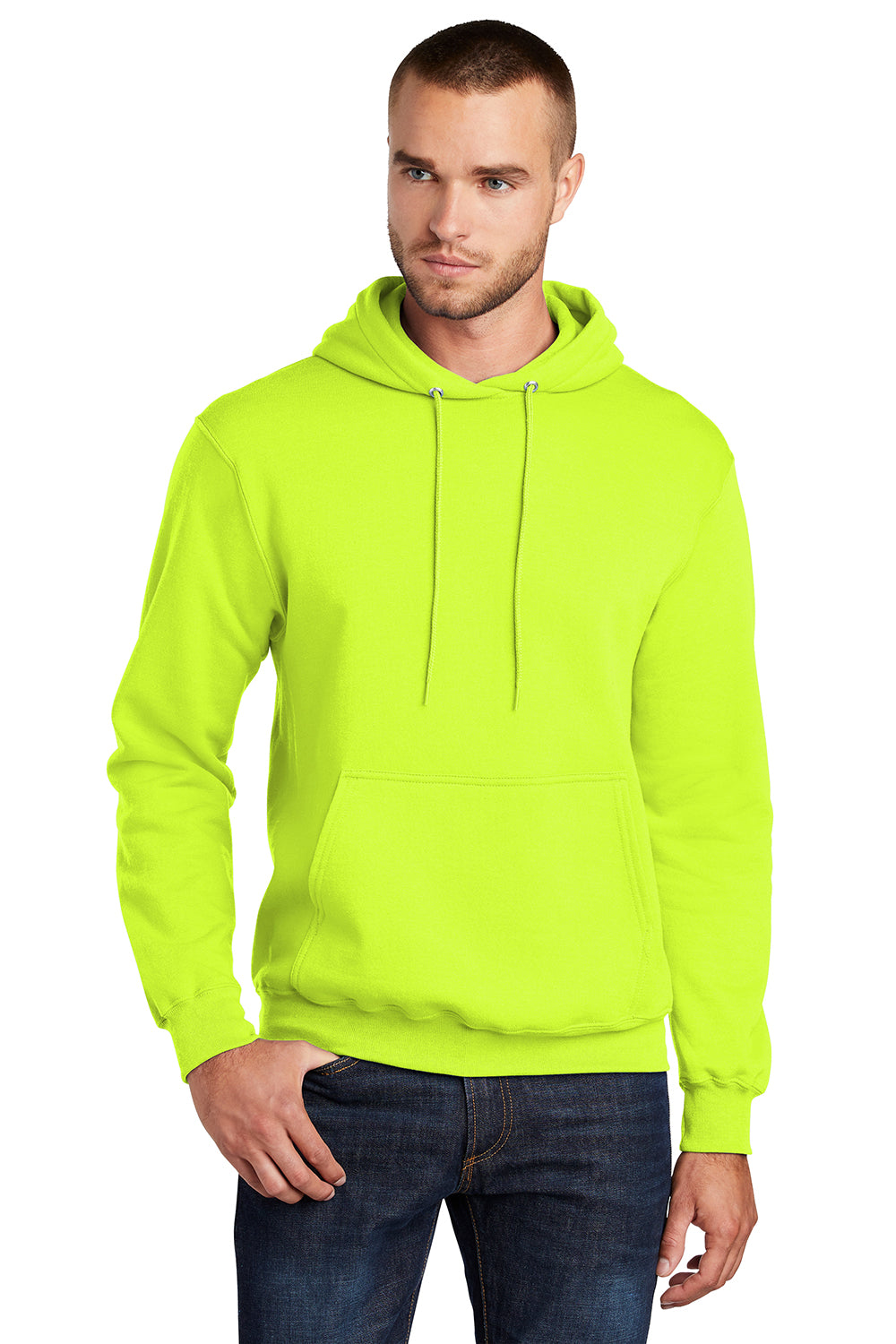 Port & Company PC78H/PC78HT Mens Core Pill Resistant Fleece Hooded Sweatshirt Hoodie Safety Green Model Front