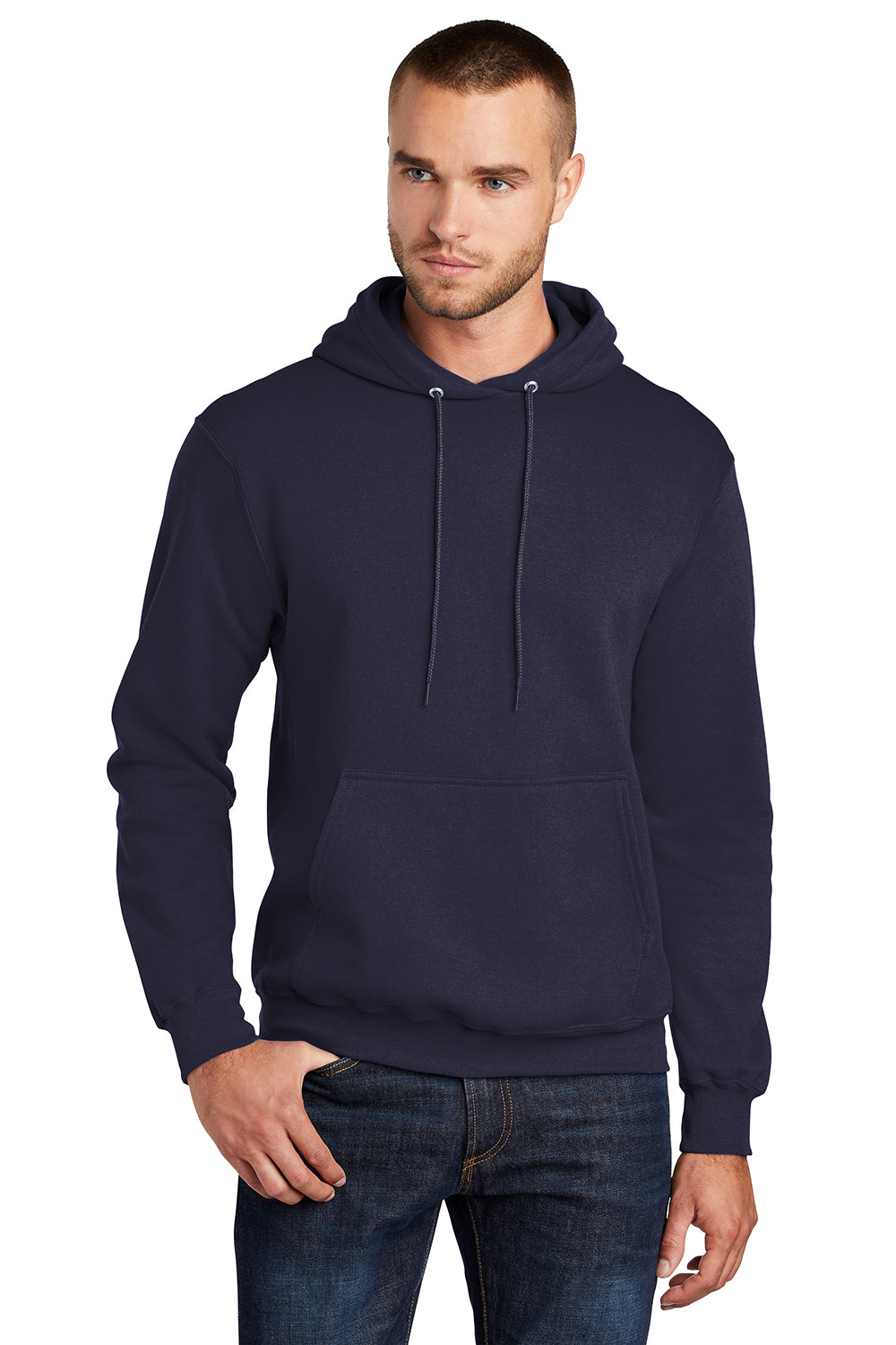 Port & Company PC78H/PC78HT Mens Core Pill Resistant Fleece Hooded Sweatshirt Hoodie True Navy Blue Model Front