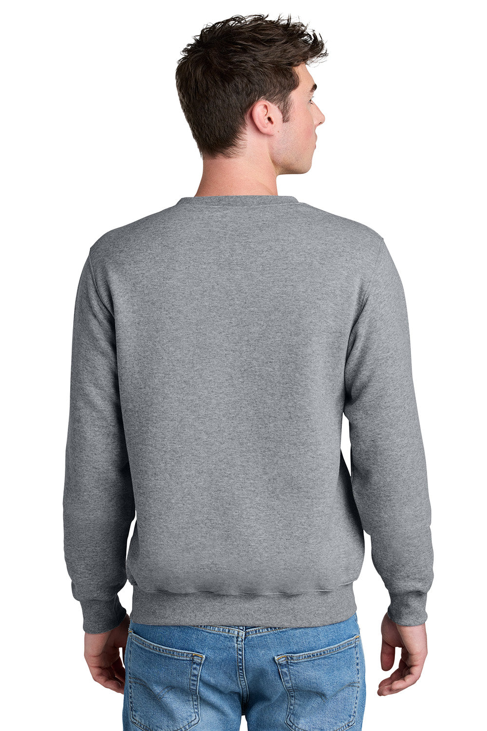 Port & Company PC78PKT Mens Core Fleece Crewneck Sweatshirt w/ Pocket Heather Grey Model Back