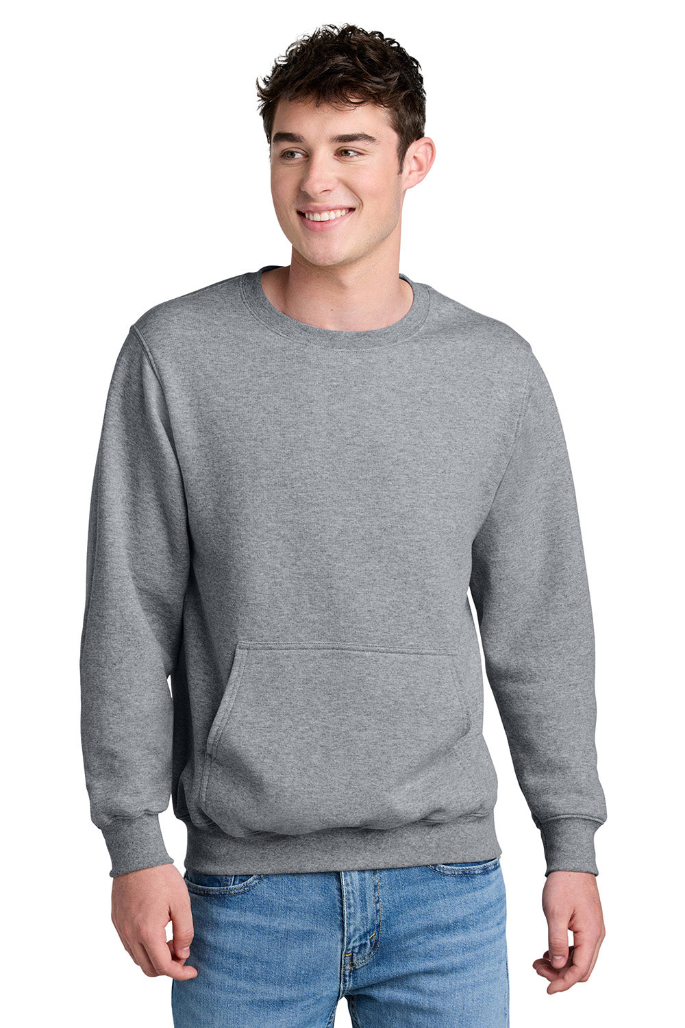 Port & Company PC78PKT Mens Core Fleece Crewneck Sweatshirt w/ Pocket Heather Grey Model Front