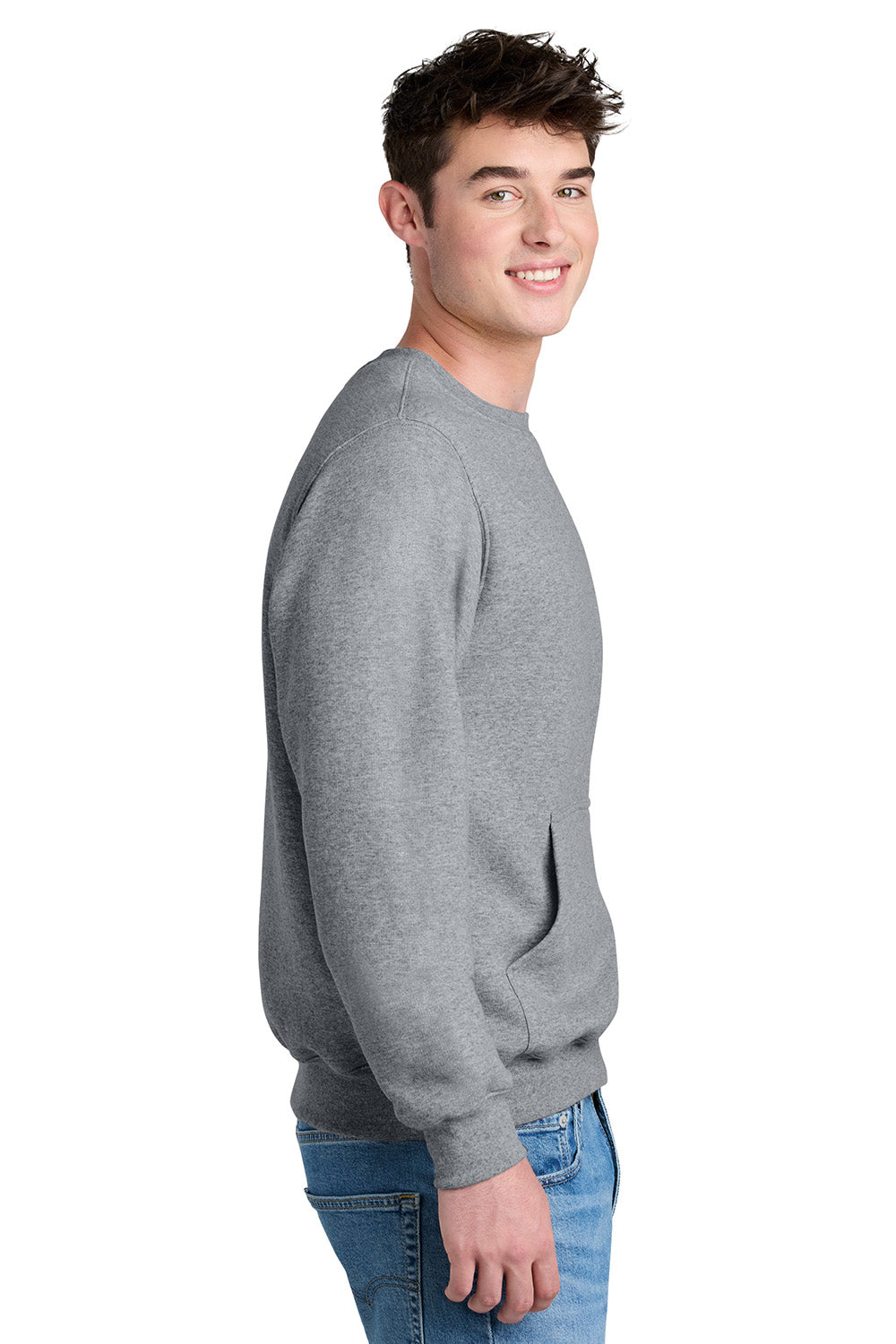 Port & Company PC78PKT Mens Core Fleece Crewneck Sweatshirt w/ Pocket Heather Grey Model Side