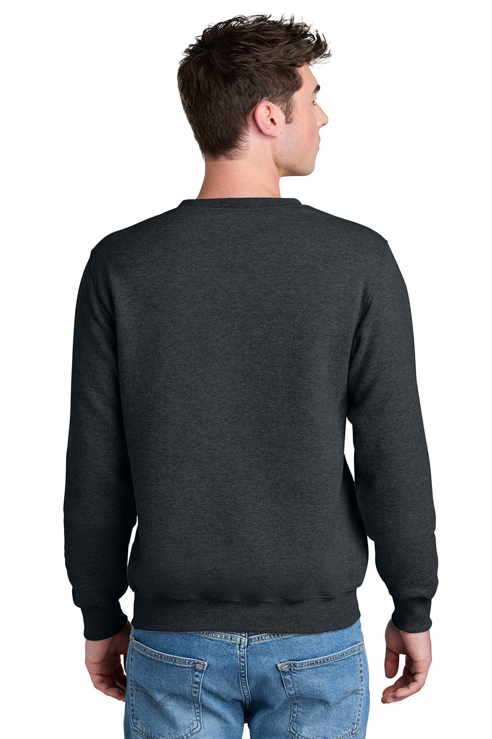 Port & Company PC78PKT Mens Core Fleece Crewneck Sweatshirt w/ Pocket Heather Dark Grey Model Back