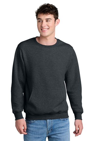 Port & Company PC78PKT Mens Core Fleece Crewneck Sweatshirt w/ Pocket Heather Dark Grey Model Front